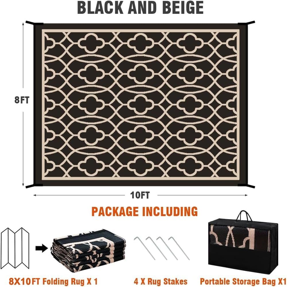 Outdoor Rug Waterproof 8x10 ft Outdoor Carpet Patio Rug Mat Reversible RV Camping Rug Plastic Straw 