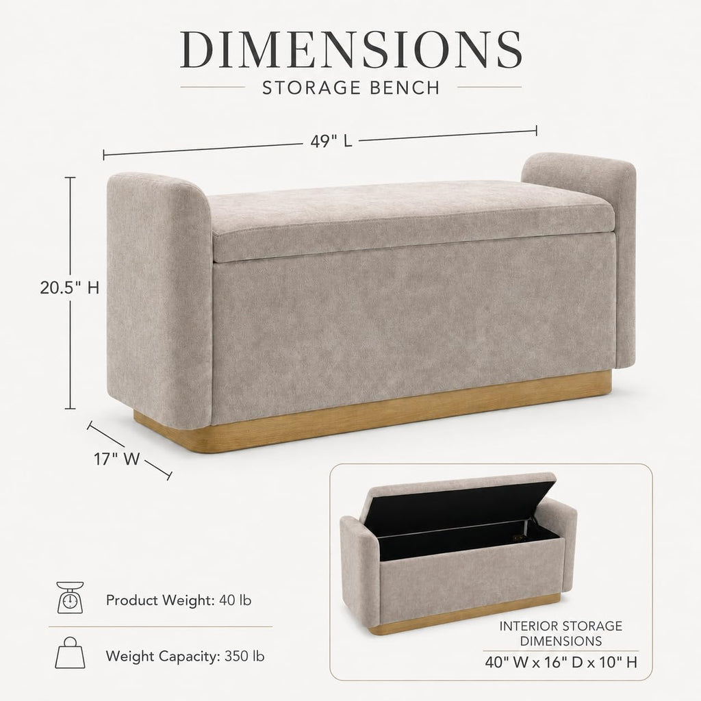 49" Storage Ottoman Bench, Upholstered Bench, Chenille, Brown | End of Bed Bench with Hidden Storage, Safety Hinge &