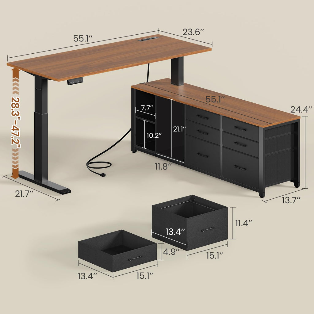L Shaped Electric Standing Desk, 55" x 55" Height Adjustable Corner Office Desk with 6 Fabric Drawers and Storage