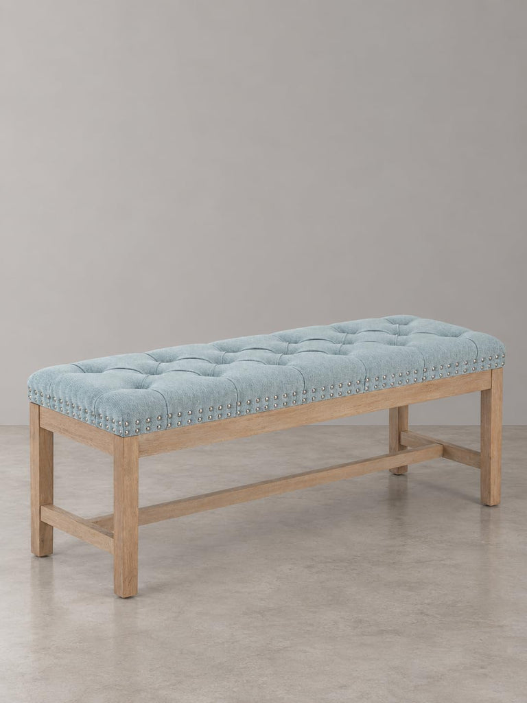 Province Linen Tufted Upholstered Bench - White Distressed Wood Legs with Nailhead Traditional Coastal Contemporary