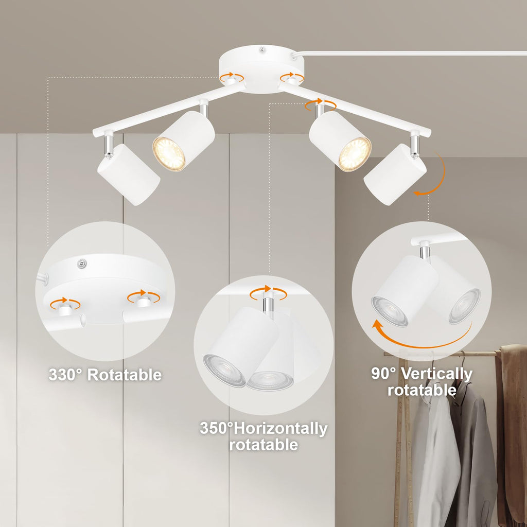 Plug in Track Lighting LED, Track Lighting Fixtures Ceiling, White 4-Light Kitchen Light Kit, Plug in Wall Light