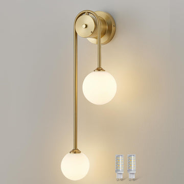 Golden Wall lamp Double Ball, mid-Century Modern Glass Wall sconces,with G9 Tricolor Bulb for Living Room Bedroom