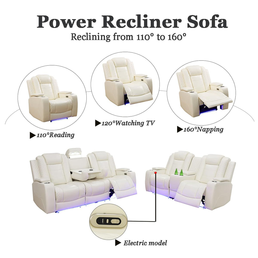 Power Leather Recliner Sofa Set with LED Lights, Recliner Sofa Sectional Couches, Reclining Sofa and loveseat with