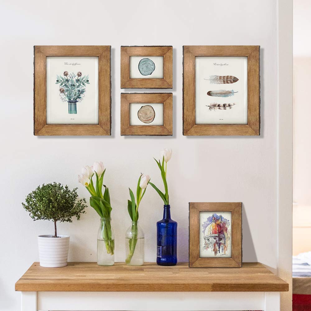 8x10 Picture Frames with Bark Edges, Rustic Wood Photo Frame for Tabletop or Wall Display, Natural Brown.