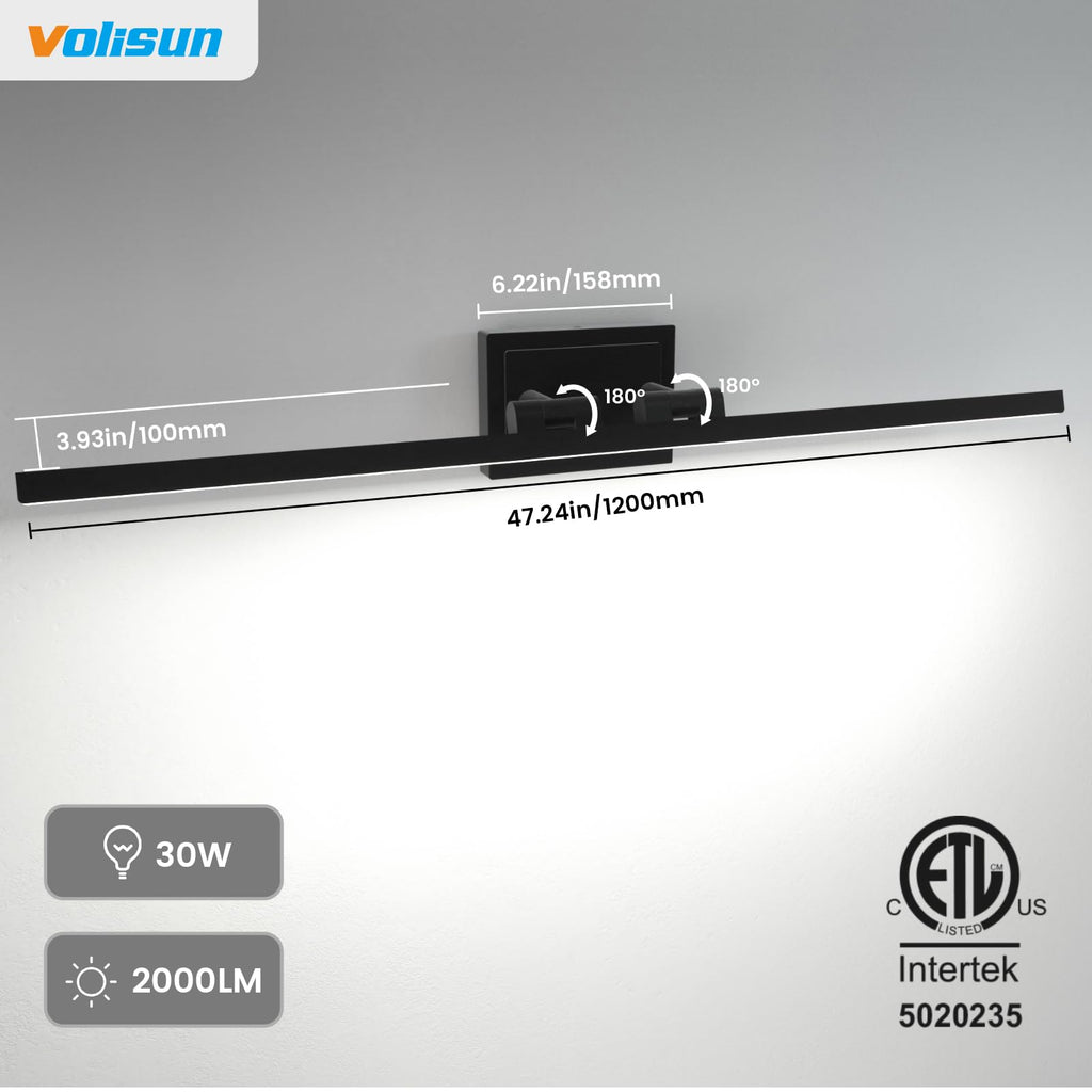 Modern Bathroom Vanity Light 48 inch, Rotatable, 30W Dimmable 5CCT Led Bathroom Light Fixture Over Mirror, Black Bar