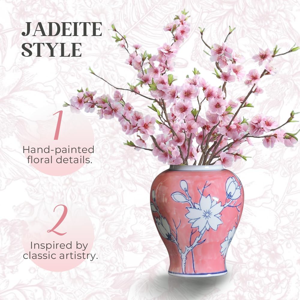 Pink Floral Ceramic Ginger Jar with Poetry Design, Hand-Painted White Blossoms on Pink Background, Decorative Vase
