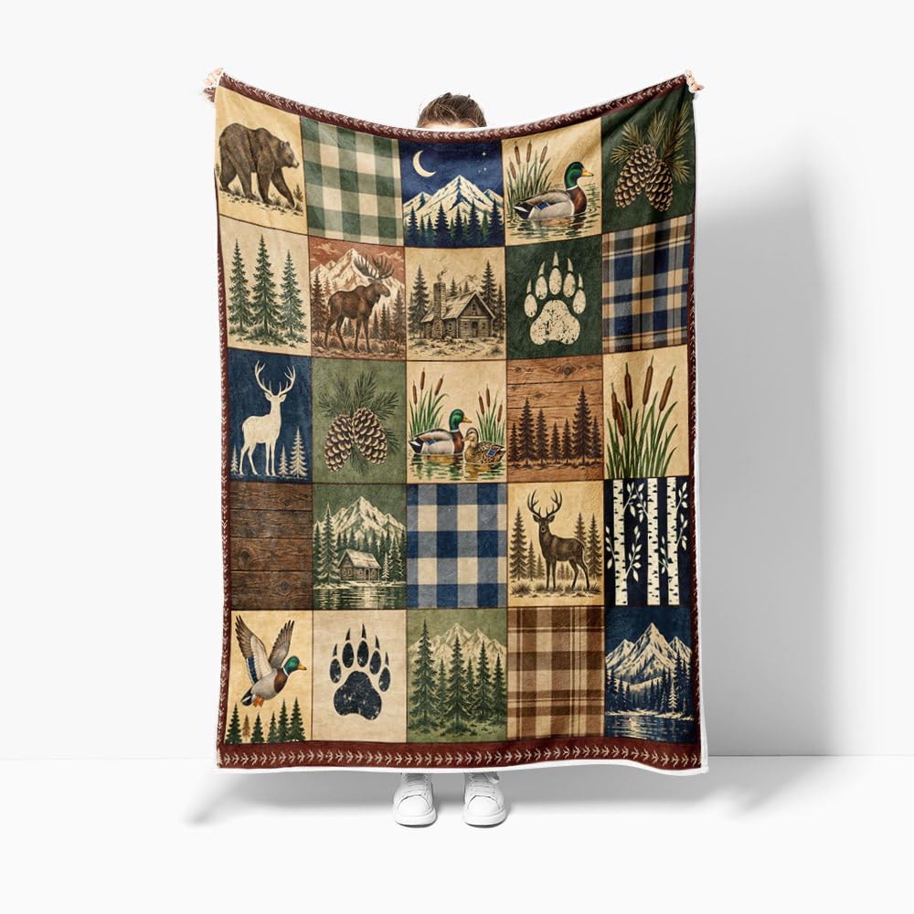 Rustic Cabin Throw Blanket, Bear Deer Duck Plaid Patchwork Lodge Decor