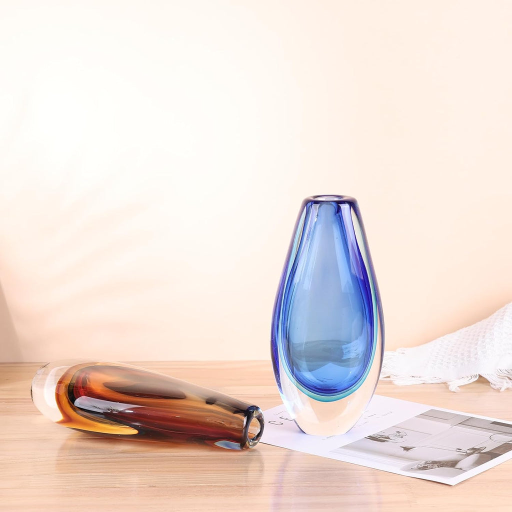 Hand Blown Glass Vase - 8.9" Tall Oval Decorative Art Glass with Colorful Speckled Finish, Luxury Centerpiece for