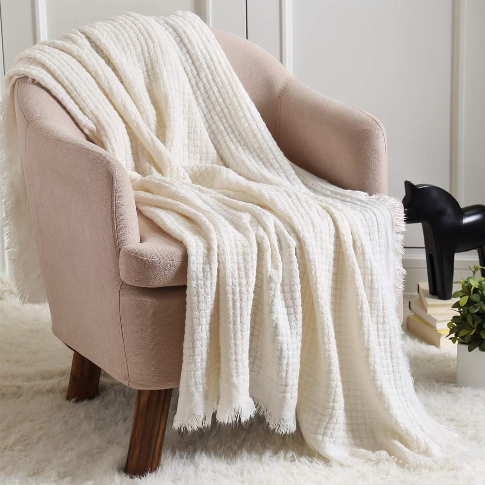 Farmhouse Boho Knitted Throw Blanket, Soft Warm Cozy Light Weight for Spring Summer Fall (50''X60'' Off