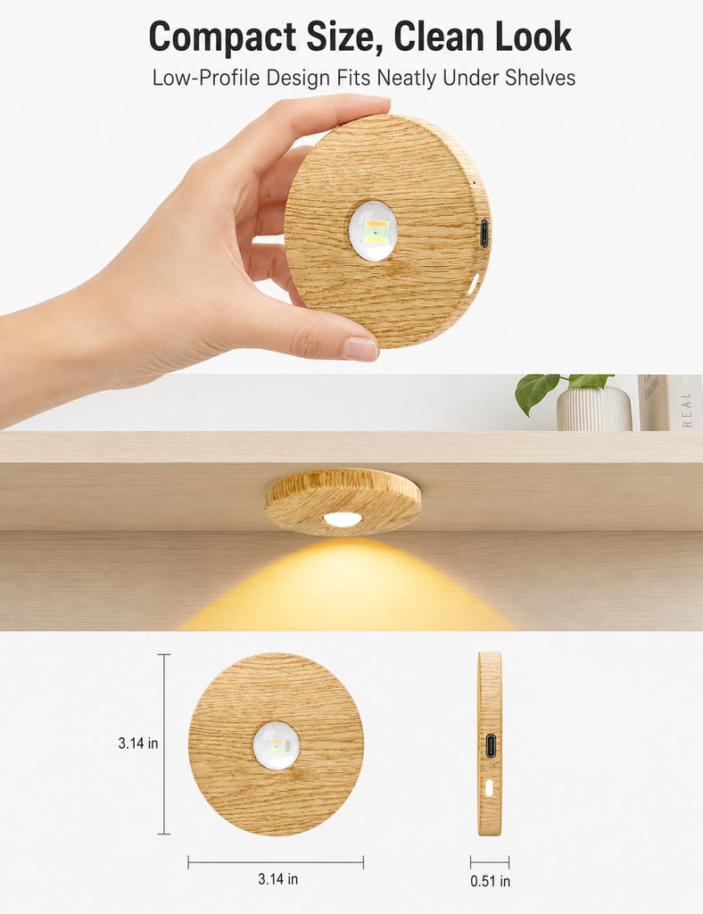 Rechargeable Puck Lights with Remote, Wood-Look Under Shelf Lights, 3 Pack