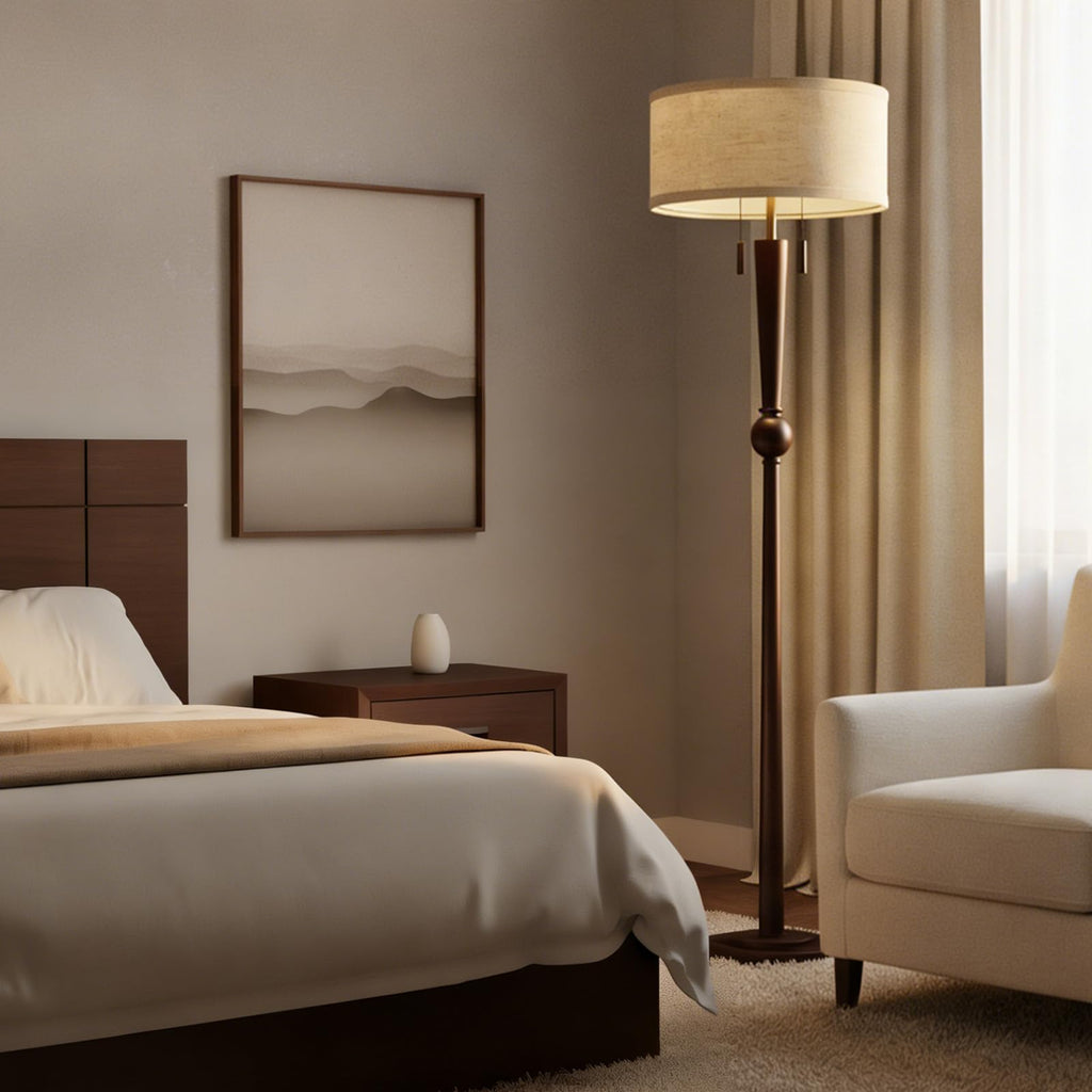 Solid Wood Floor Lamp with Wooden Pull Chains