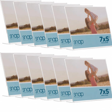 7x5 Clear Picture Frame 12 Pack: Frameless L-Shape Desktop Stand, Photo Frame and Sign Holder, Clear Acrylic Style