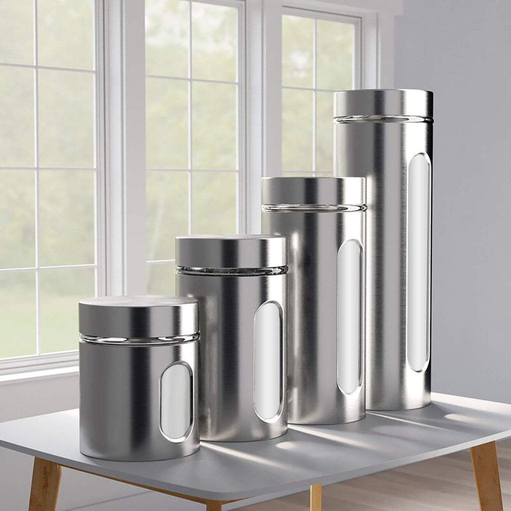 Quality 4pc Stainless Steel Canister Set Counter with Glass Window & Airtight Lids, Food Storage Containers, Pantry