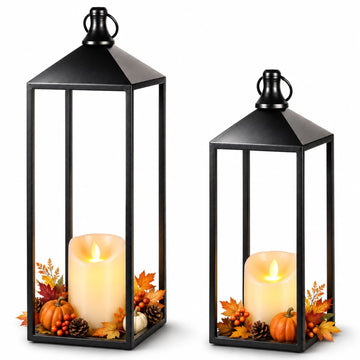 Lanterns Decorative Outdoor Indoor, 17" 13" Set of 2 Black Candle Lanterns