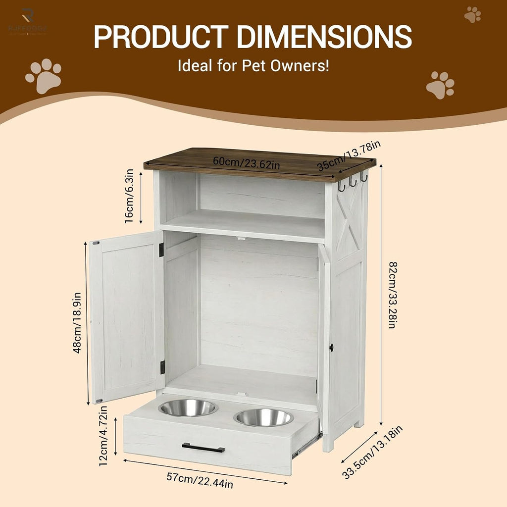 Dog Feeding Station with Storage, Rustic Barn Door Dog Food Cabinet with Pull-Out Stainless Steel Bowls, Pet Feeding