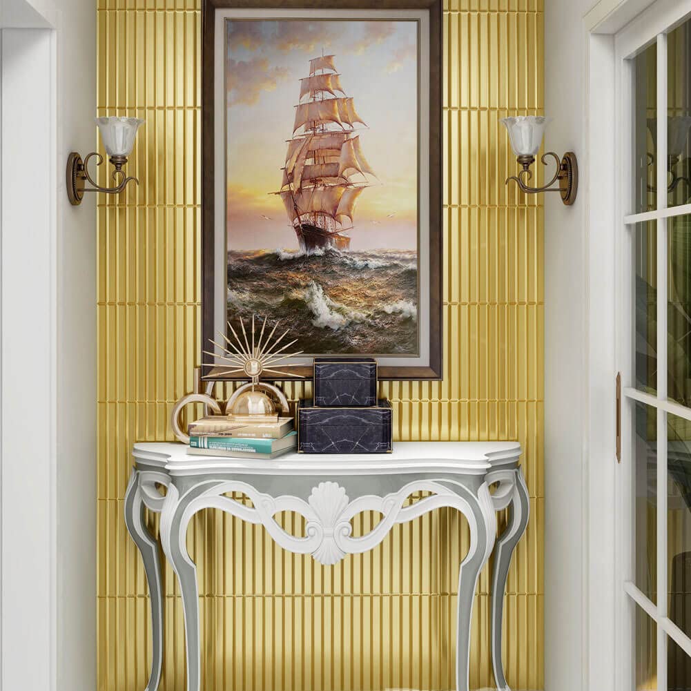 Beveled Mirror Backsplash Tiles, Gold Strip, 12x12 Inch, Mirror TIile Accent Wall, Pack of 5 Sq.ft