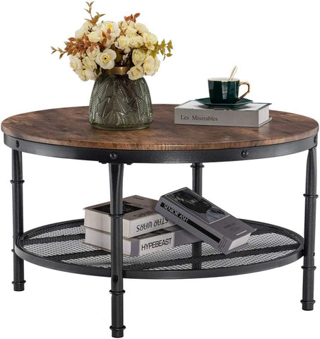 Round Coffee Table with Storage - 31.5" Rustic Farmhouse Design, Industrial Style with Metal Shelf
