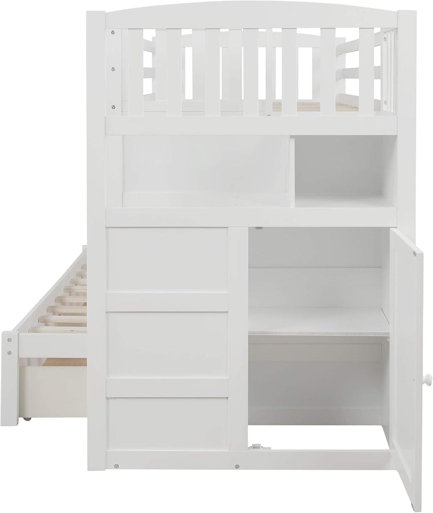 Twin Over Full/Twin Bunk Bed with 3 Drawers, 4 Storage and Cabinet Door