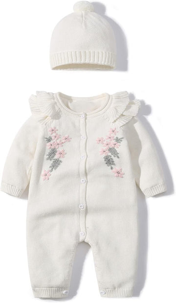 Newborn Boy Knitted Sweater Romper Cotton Longsleeve Outfit with Kids Winter Warm Hats Set