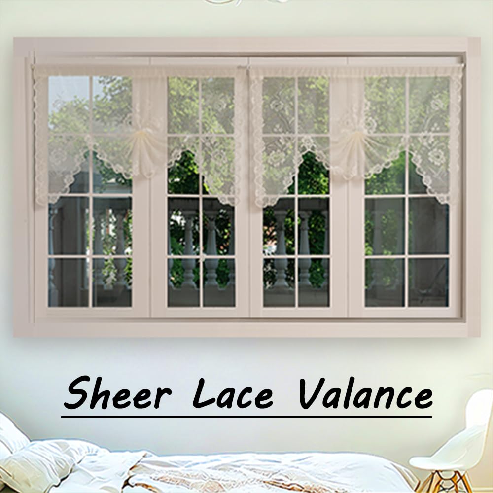 Beige Sheer Lace Valance Window, Half Curtain Tie Up Valance Home Deco, Rod Pocket, 59 x 39 Inch, 2 Pack
