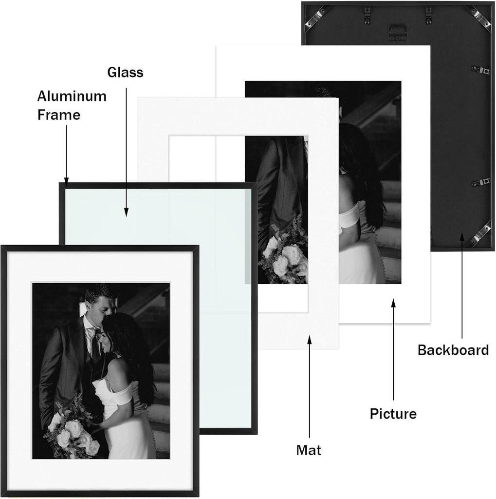 7 Pack Aluminum Picture Frame with Mat for Gallery Wall, Black | Set includes one 11x14, two 8x10, four 5x7 frames