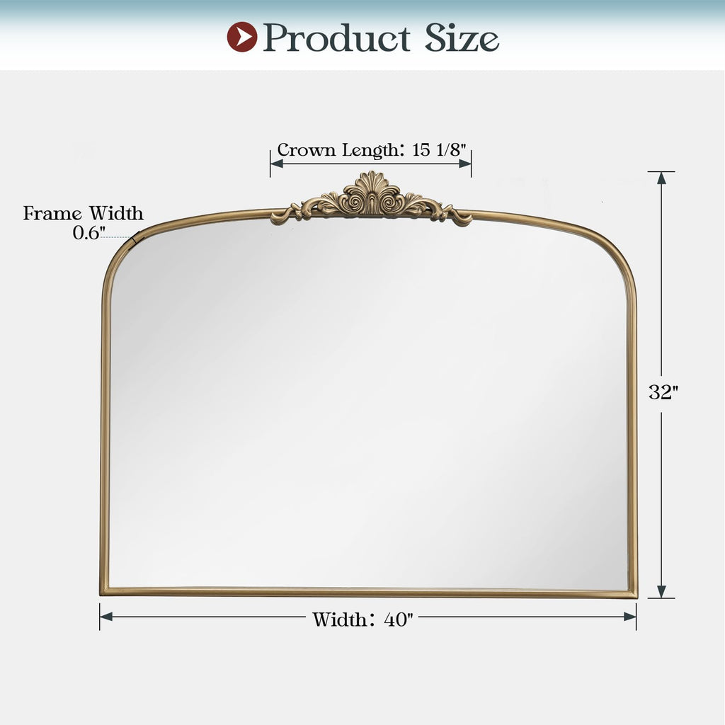 40" x 32" Antique Gold Arched Mirror for Wall, Vintage Brass Bathroom Mirror with Metal Frame, Bronze Ornate Gold