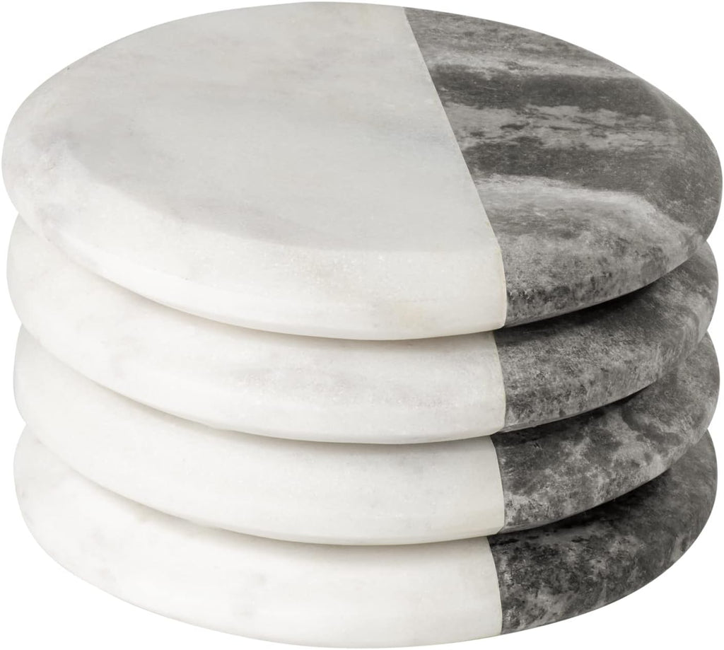 Round Marble Coasters for Drinks - Real Solid Marble Coasters for Coffee Table, Contemporary Beverage Holder - Set of 4