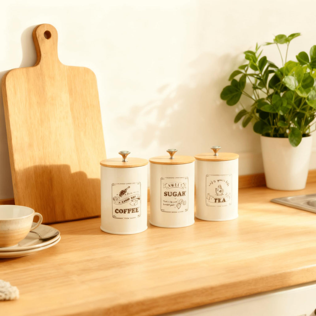 Metal Canisters Sets for the Kitchen, 40 Oz Coffee Sugar Tea Container Set, Farmhouse Style, Food Storage Containers