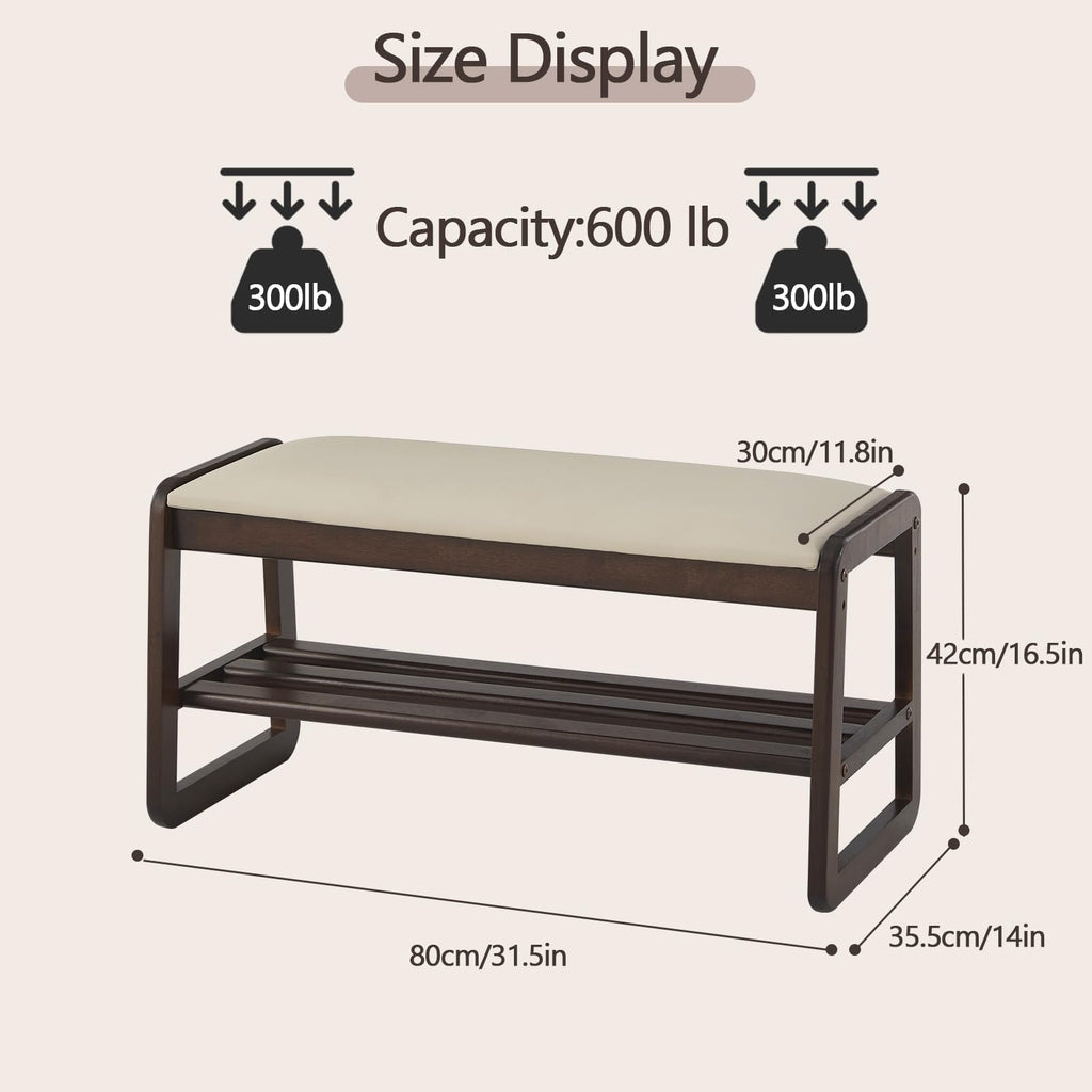 Shoe Rack Bench, 2 Tier Solid Wooden Entryway Bench(Pu Beige, 31.5")