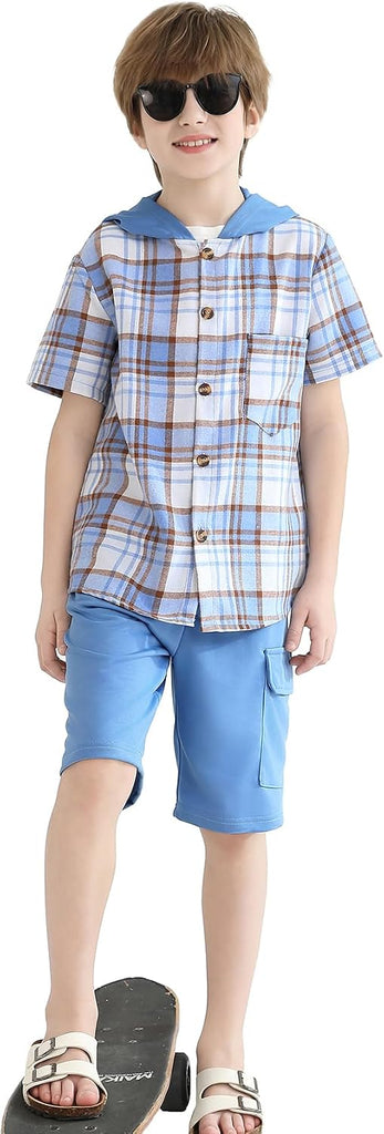 Boys Clothes Shorts Sets Plaid Short Sleeve Hooded Button Shirt and Jogger Shorts for Kids Summer Outfits