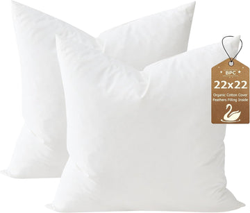 Down Feather Throw Pillow Inserts 22x22, 100% Organic Cotton Cover, Soft Fluffy & Support, Decorative - Set of 2