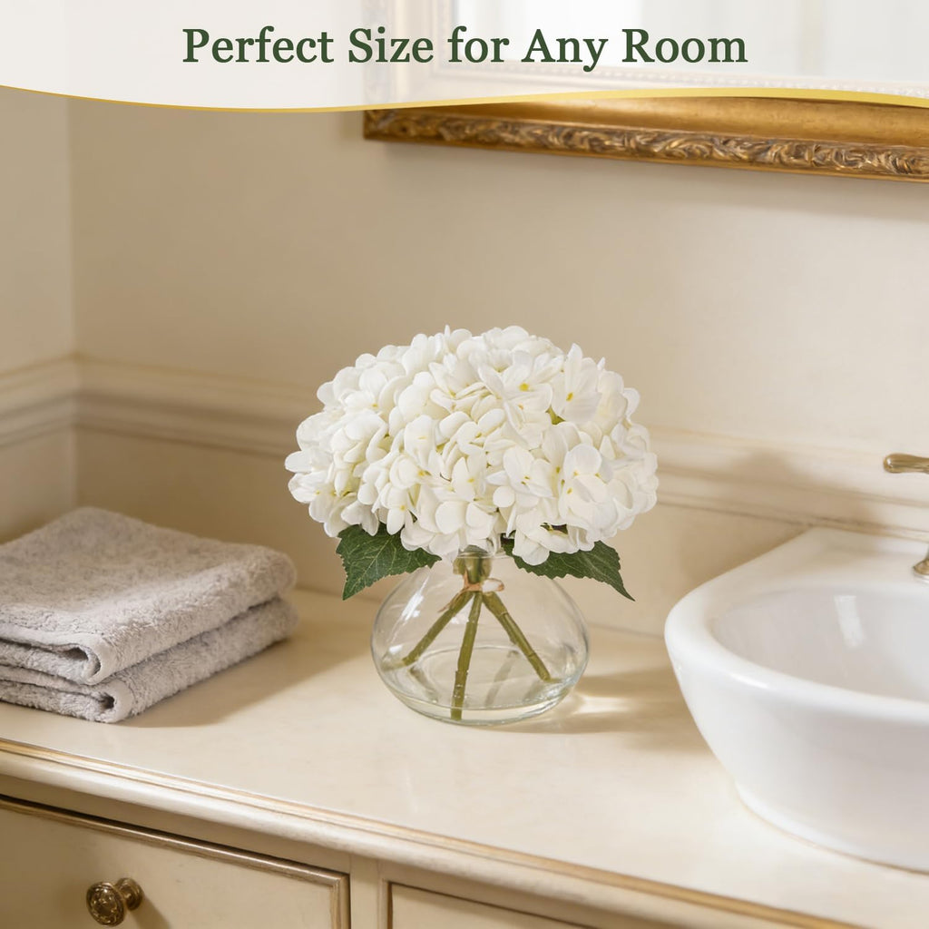 Artificial Hydrangea Flowers with Glass Vase, White Silk Fake Floral Arrangement for Dining, Coffee Table