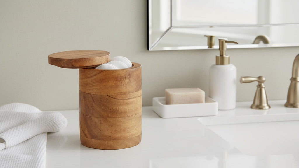 Decorative Acacia Wood Storage Jar With Wooden Lid For Dry Foods, Round Container For Cookies Coffee Tea Flour Sugar