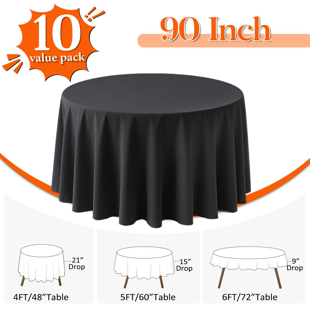 10 Pack Round Tablecloths 90 Inch Black for 36"-72" Table