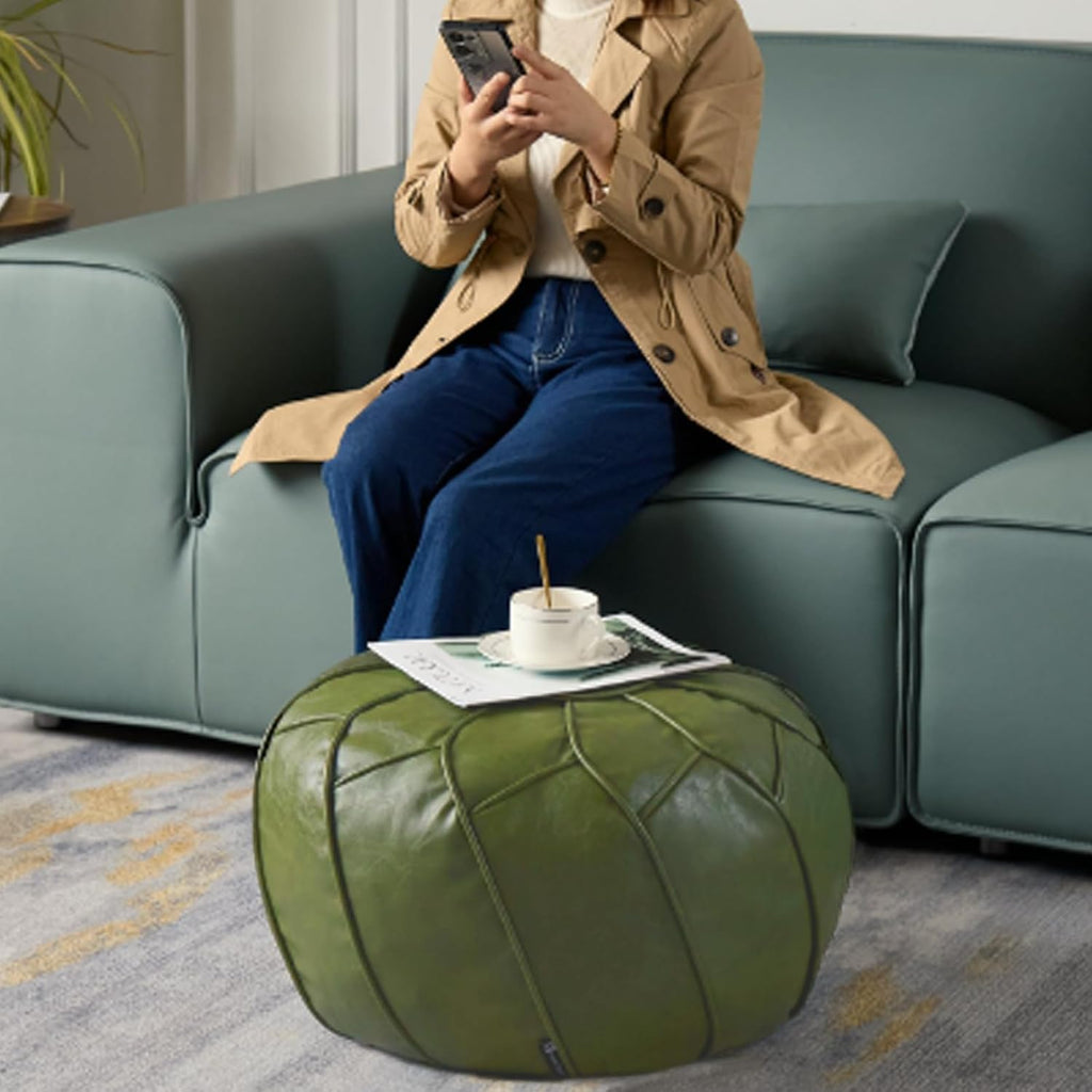 Handmade Moroccan Boho Chic Eco-Friendly Waterproof Faux Leather Unstuffed Pouf Ottoman Cover, Round Storage DIY Foot