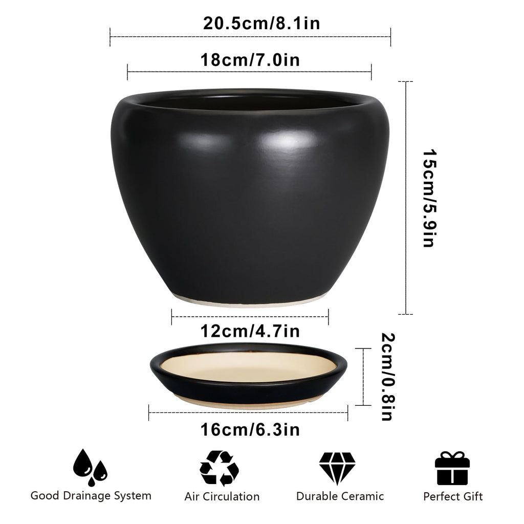 Ceramic Planter Pot - 8 Inch Plant Pot with Drainage Hole and Saucer Round Planter for Indoor Plants Modern Outdoor