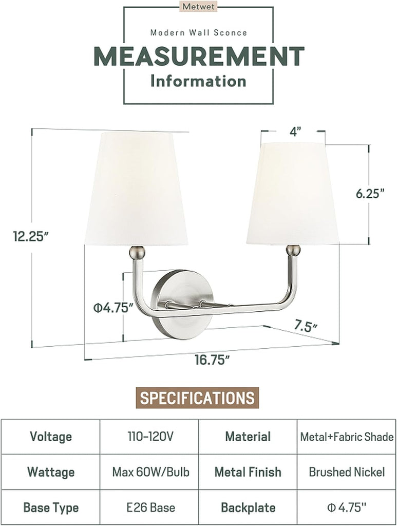2-Light Brushed Nickel Bathroom Vanity Light, White Fabric Shades | 17" double wall sconce, upward only, E26 base