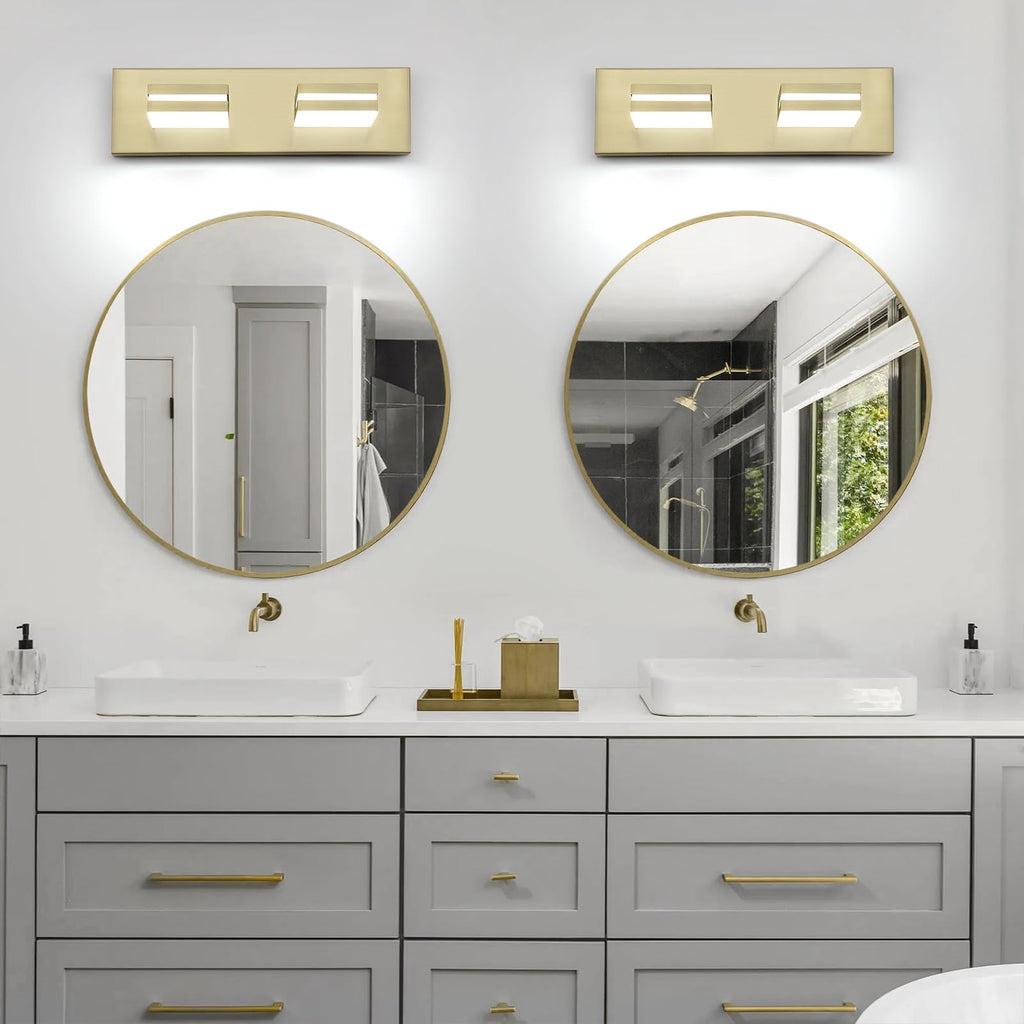 2 Light Bathroom Vanity Light Gold Modern 16W LED Dimmable Vanity Light Over Mirror 350° Adjustable Lamp Head Cold