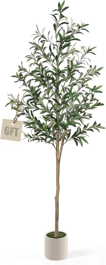 6FT Olive Trees Artificial Indoor, Fake Olive Tree with Heavy White Planter