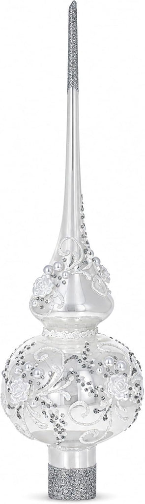 White Glass Christmas Tree Topper with Roses and Pearls, 11 Inches