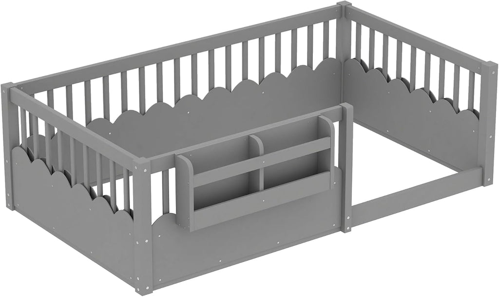 Floor Bed with Bookshelf and Safety Guardrail, Montessori Floor Bed with Fence, Easy Assemble