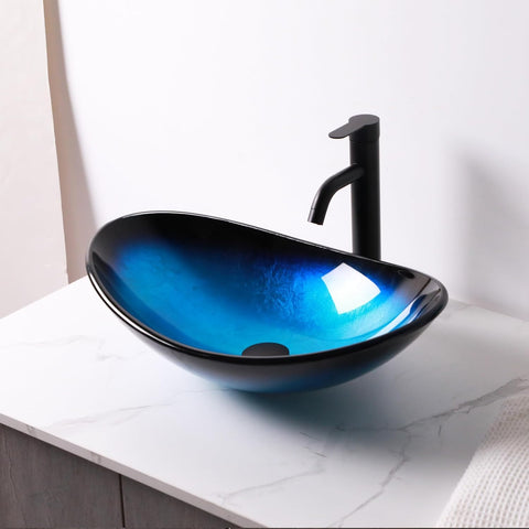 Logmey 21" Glass Bathroom Vessel Sink with Pop up Drain Set,Countertop Oval Bowl Tempered Glass Art Basin,Shallow