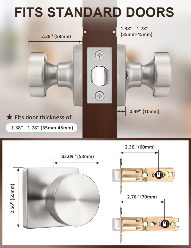 6 Pack Brushed Nickel Interior Passage Door Knob, Handle for Closet and Hallway Doors, Heavy Duty Square Non-Locking