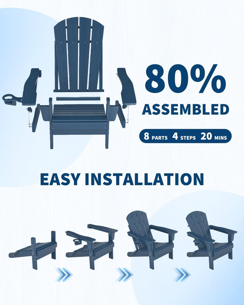 HDPE Folding Adirondack Chair Set of 2 with Side Table, Navy Blue | All-Weather Resistant & Wood Textured & Cup