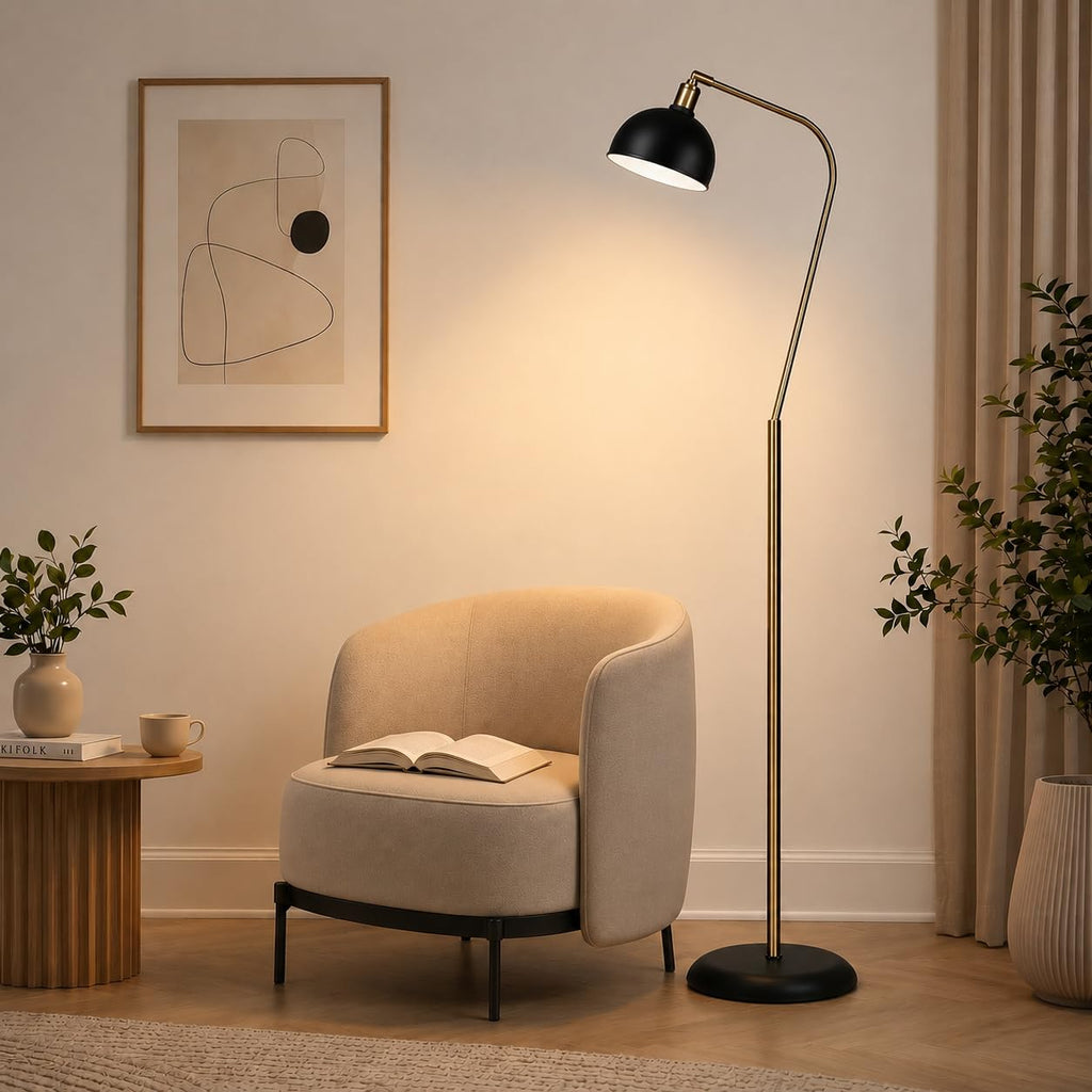61" Halo Brass Black Floor Lamp, Adjustable Head Reading Lamp