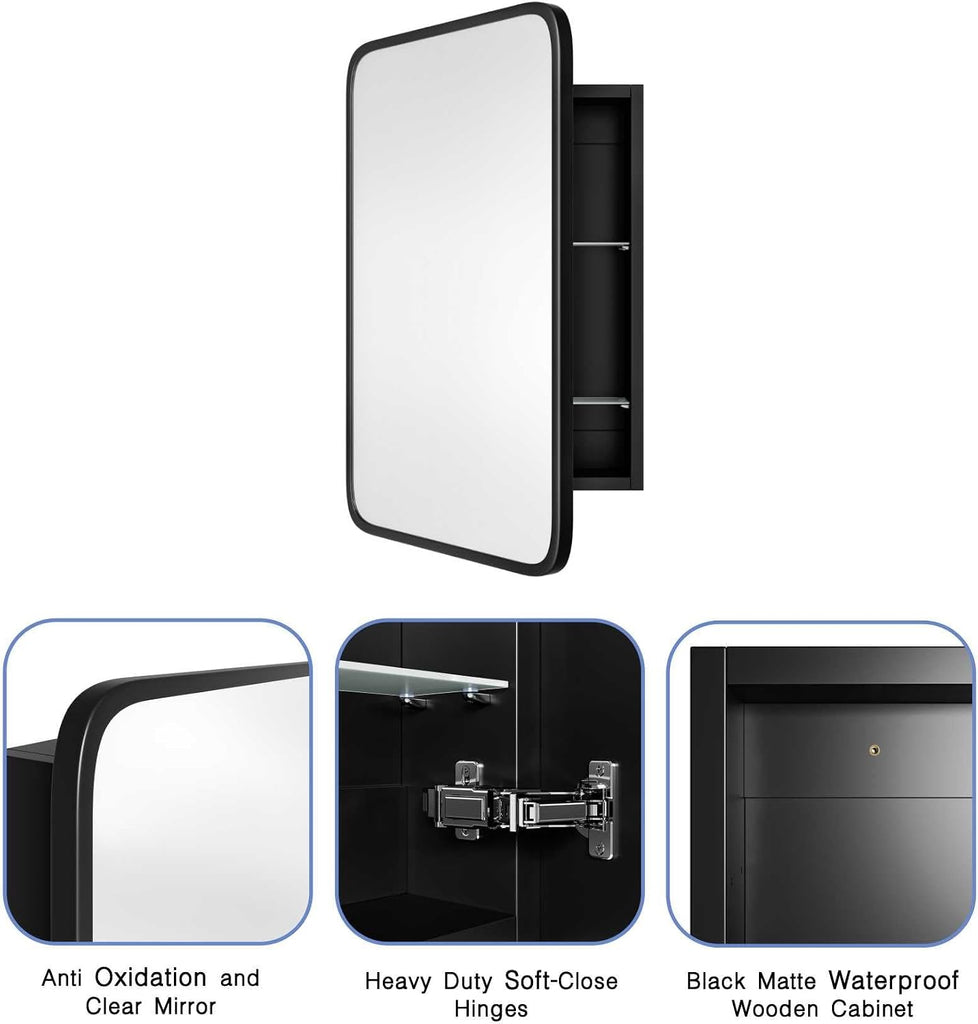 Medicine Cabinet with Black Metal Frame Mirror, Overall 16.5"x24" | Bathroom Wood Wall Cabinet with Mirror