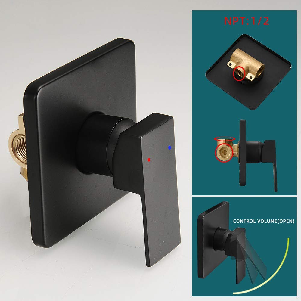 Matte Black Shower Faucet Set, Single Function Shower Trim Kit with Rough-in Valve, Square Rain Shower Head System