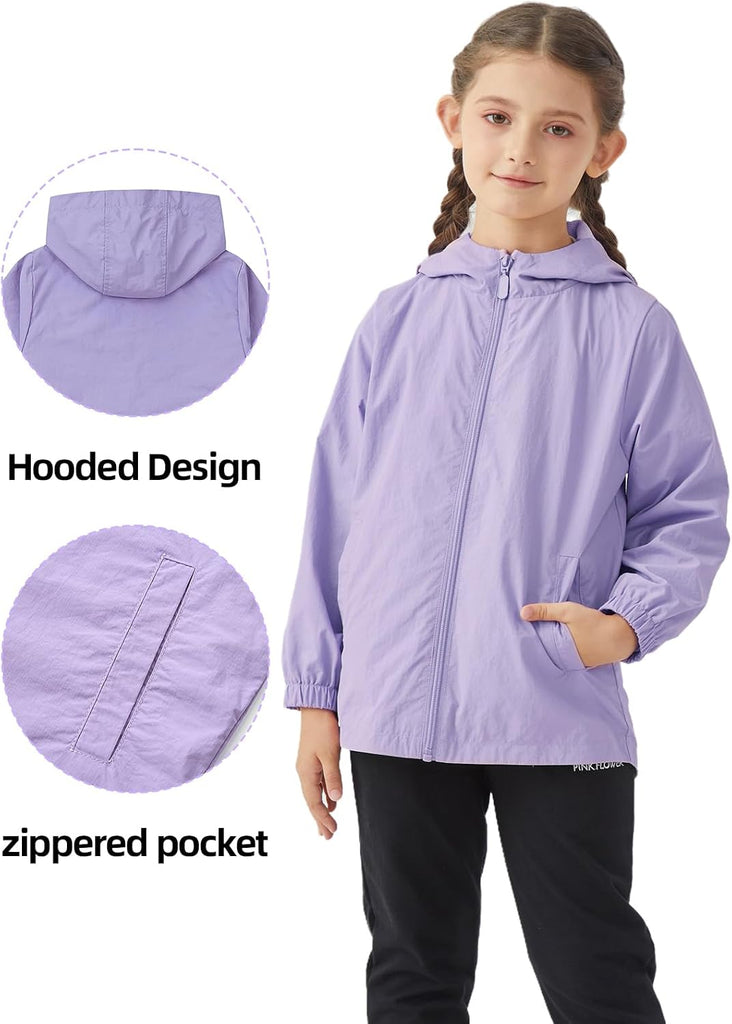 Girls Windbreaker Hooded Jacket Lightweight Packable Rain Coat