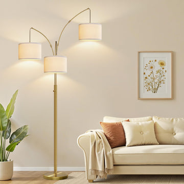 Dimmable Floor Lamp - 3 Lights Brass Arc Floor Lamps, 1000LM Modern Tall Standing Lamp with Linen Shades, Mid