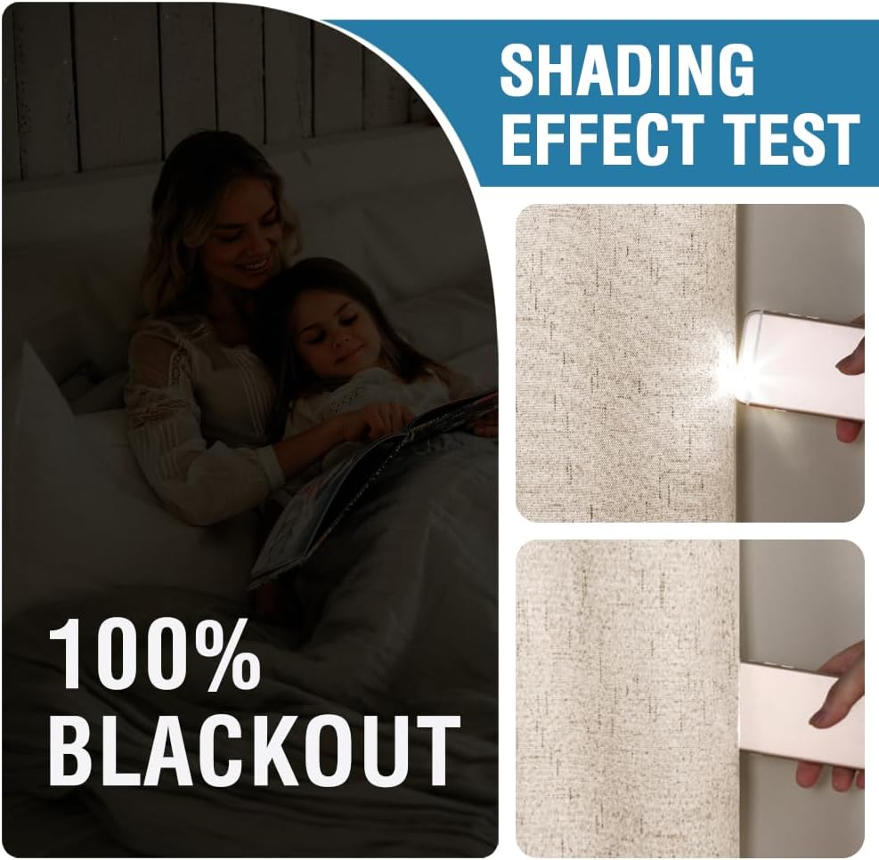 100% Blackout Curtains for Bedroom 84 Inches Long, Back Tab/Rod Pocket Faux Linen Black Out Cute Curtains 2 Panels